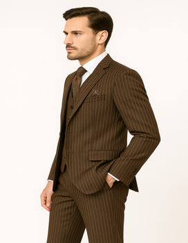 Men's Brown Pinstripe 3-Piece Suit with Matching Vest – Classic Fit Business and Formal Attire - Image 3