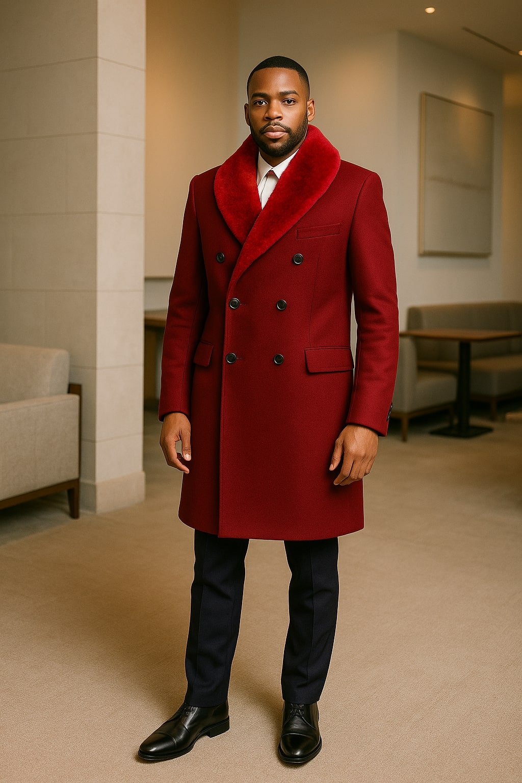 Mens Double-Breasted Burgundy Overcoat with Red Faux Fur Shawl Collar – Alberto Nardoni Winter Coat - Image 3