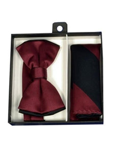Men's Burgundy ~ Wine ~ Maroon Color/Black Polyester Satin dual colors classic Bowtie with hankie - Men's Neck Ties - Mens Dress Tie - Trendy Mens Ties