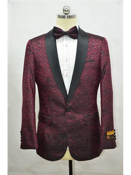 Burgundy ~ Maroon And Black Two Toned Paisley Floral Blazer Tuxedo Dinner Jacket Fashion Sport Coat + Matching ow Tie