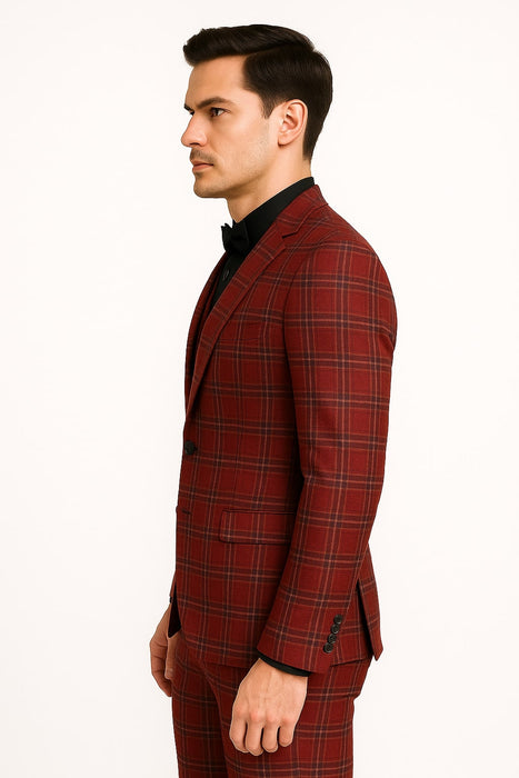 Mens Burgundy Plaid Three-Piece Suit – Ultra Slim Fit Checkered Windowpane Redish 544-10