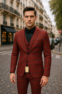 Mens Burgundy Plaid Three-Piece Suit – Ultra Slim Fit Checkered Windowpane Redish 544-10 - Image 6