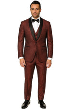 Mens Burgundy Shiny Stripe Tuxedo Jacket – Slim Fit Satin Lapel Dinner Blazer for Formal Events