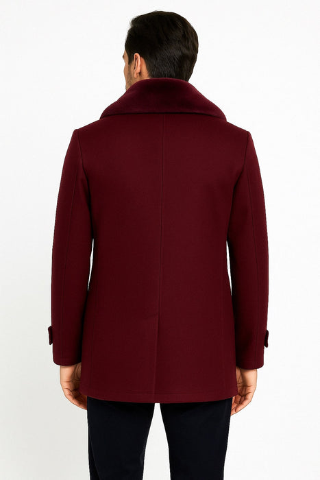 Mens Burgundy Double-Breasted Overcoat with Faux Fur Shawl Collar – Slim Fit Peacoat - Alberto Nardoni Signature