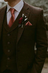 SKU#JA60651 Burgundy Suit - Herringbone Suit - Winter Vested Suit Tweed Suit Brown
