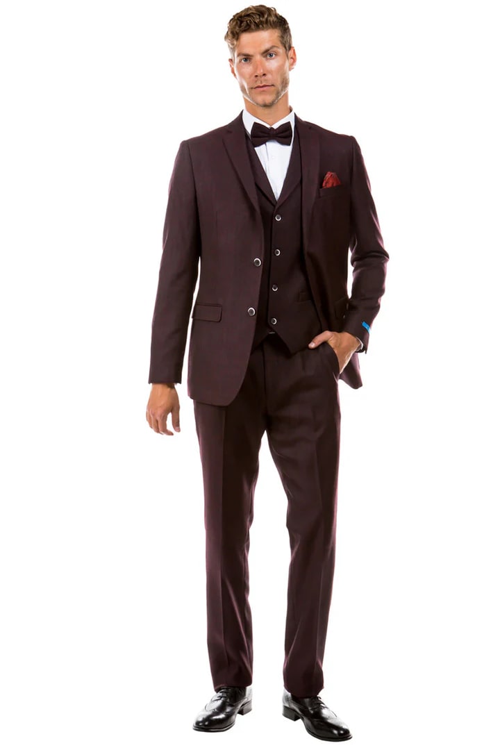 Cheap priced Suit- Men's Two Button Vested Vintage Style Tweed Wedding Burgundy Suit - Image 2
