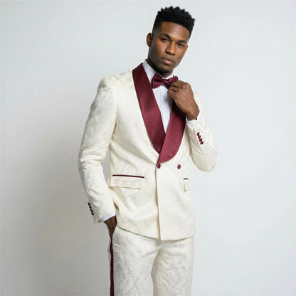 Men's Ivory and Burgundy Paisley Tuxedo with Shawl Lapel – 3 Piece Wedding Suit