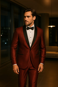 Men's Burgundy Shiny Tuxedo with Black Satin Shawl Lapel – Ultra Slim Fit Party & Prom Suit