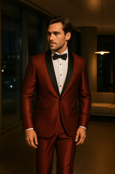 Men's Burgundy Shiny Tuxedo with Black Satin Shawl Lapel – Ultra Slim Fit Party & Prom Suit - Image 3