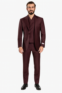 3 Piece Big Peak Lapel Burgundy Suit Vested Wide Leg Pants 1 Button Suit 100% Wool Full Cut Burgundy ~ Wine ~ Vest Maroon Suit