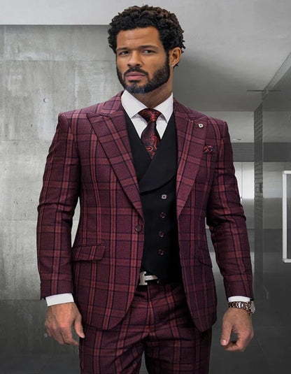Mens Italian Wool Suit Color Burgundy - Men's Designer Vested Wide Peak Lapel Houndstooth Burgundy Plaid Suit