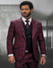 Mens Italian Wool Suit Color Burgundy - Men's Designer Vested Wide Peak Lapel Houndstooth Burgundy Plaid Suit