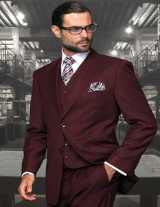 Mens Italian Wool Suit Color Burgundy - Men's Designer Vested Modern Fit Wool Wedding & Business Burgundy Suit