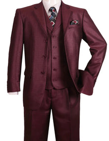 Three Button Suit - Classic Fit Pleated Pants - Mens 3 Button Vested Textured Shiny Sharkskin  Burgundy Church Suit