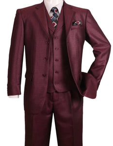 Three Button Suit - Classic Fit Pleated Pants - Mens 3 Button Vested Textured Shiny Sharkskin  Burgundy Church Suit