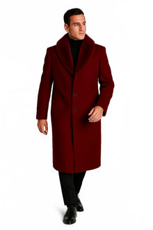 Mens Overcoat With Fur Collar - Burgundy Topcoat - Maroon Wool Fabric Long Coat