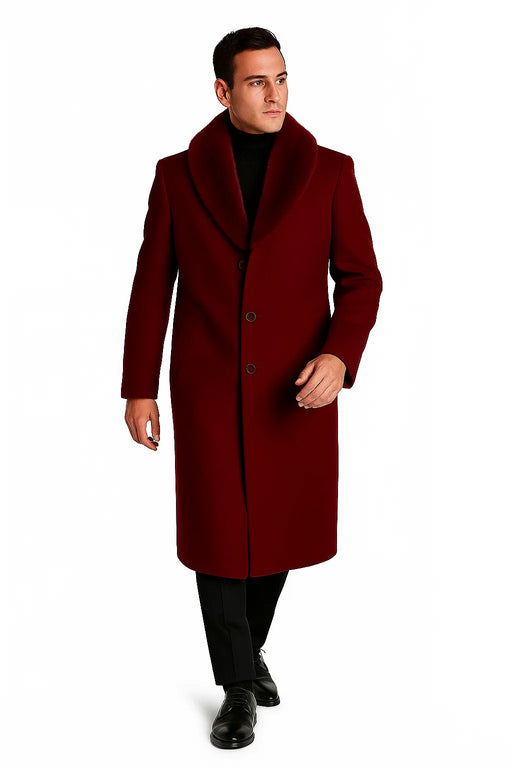 Mens Overcoat With Fur Collar - Burgundy Topcoat - Maroon Wool Fabric Long Coat