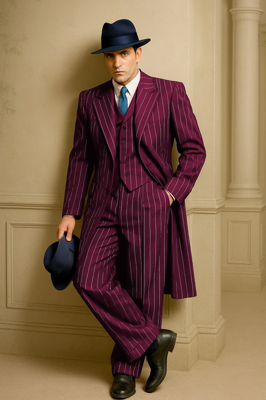 Mens Burgundy Pinstripe Suit – Classic Long Coat Style with White Stripes - Image 2