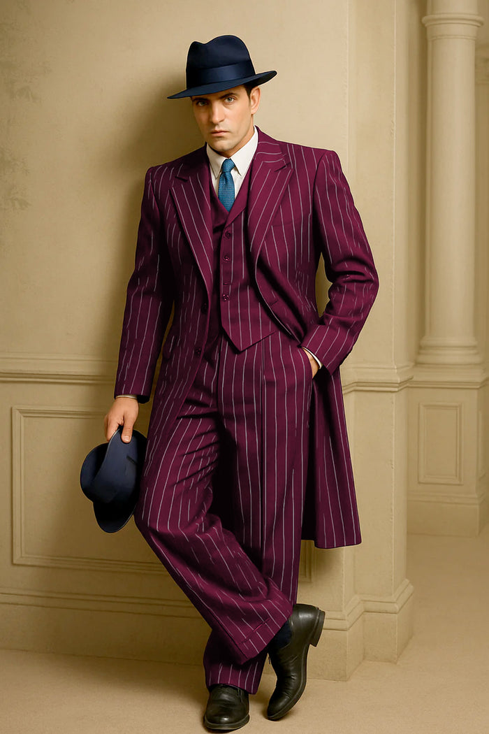 Mens Burgundy Pinstripe Suit – Classic Long Coat Style with White Stripes - Image 2