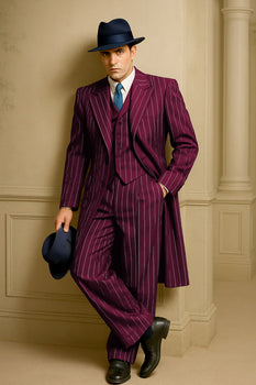 Mens Burgundy Pinstripe Suit – Classic Long Coat Style with White Stripes - Image 2