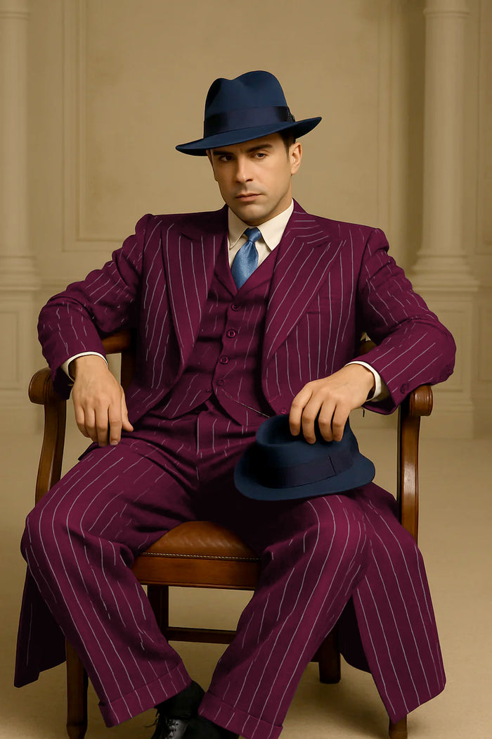 Mens Burgundy Pinstripe Suit – Classic Long Coat Style with White Stripes - Image 3