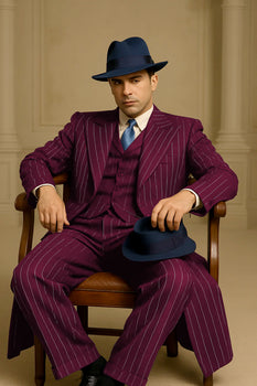 Mens Burgundy Pinstripe Suit – Classic Long Coat Style with White Stripes - Image 3