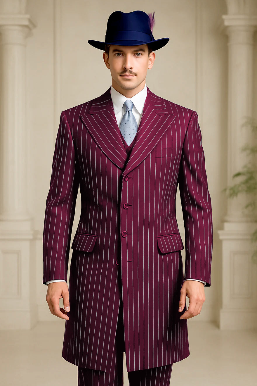 Mens Burgundy Pinstripe Suit – Classic Long Coat Style with White Stripes - Image 4
