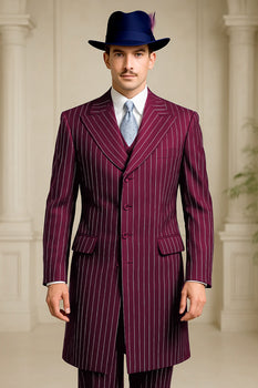Mens Burgundy Pinstripe Suit – Classic Long Coat Style with White Stripes - Image 4