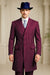 Mens Burgundy Pinstripe Suit – Classic Long Coat Style with White Stripes