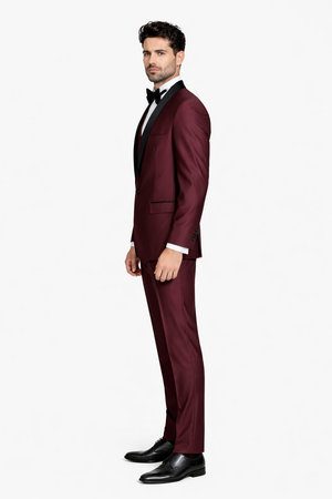 Burgundy Shiny Tuxedo Vested Suit - Sateen Sharkskin Fabric Groom Suit - Image 2