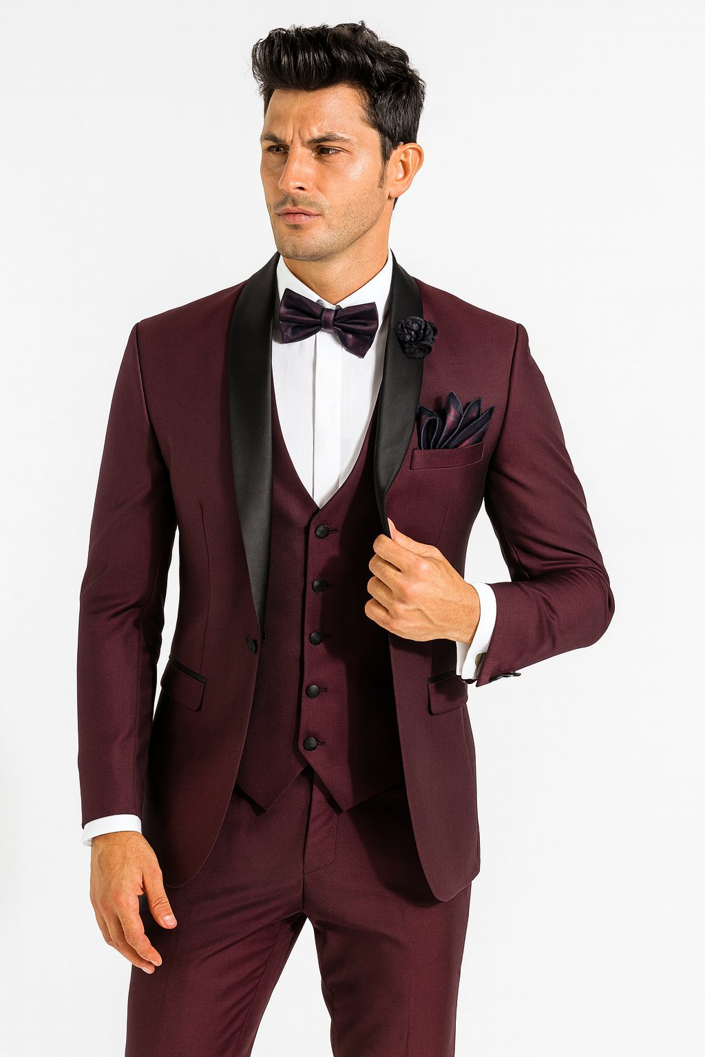 Mens One Button Shawl Lapel Suit Burgundy