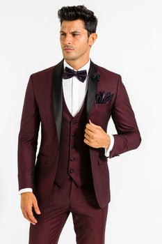 Mens One Button Shawl Lapel Suit Burgundy