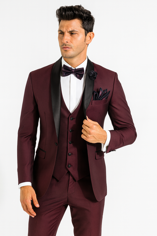 Mens One Button Shawl Lapel Suit Burgundy