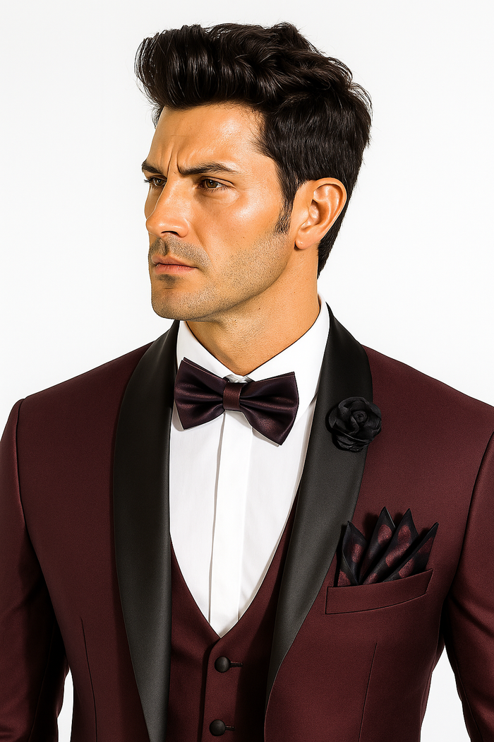 Mens One Button Shawl Lapel Suit Burgundy