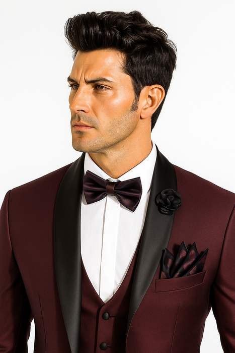 Mens One Button Shawl Lapel Suit Burgundy