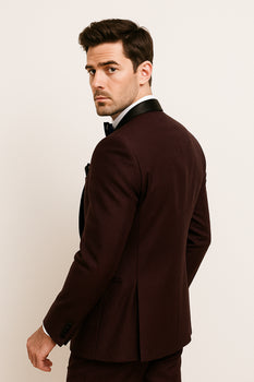 Mens One Button Shawl Lapel Suit Burgundy