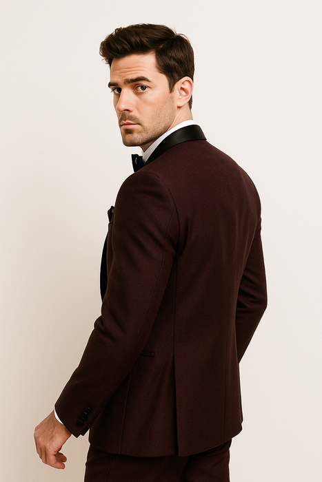 Mens One Button Shawl Lapel Suit Burgundy