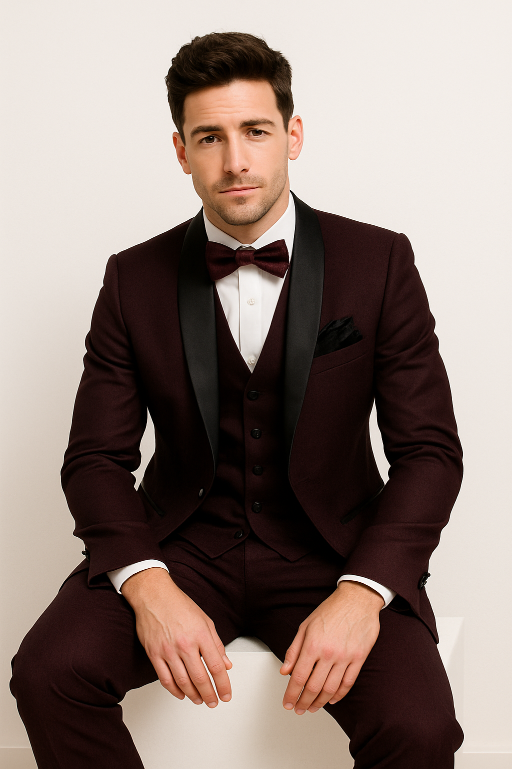 Mens One Button Shawl Lapel Suit Burgundy