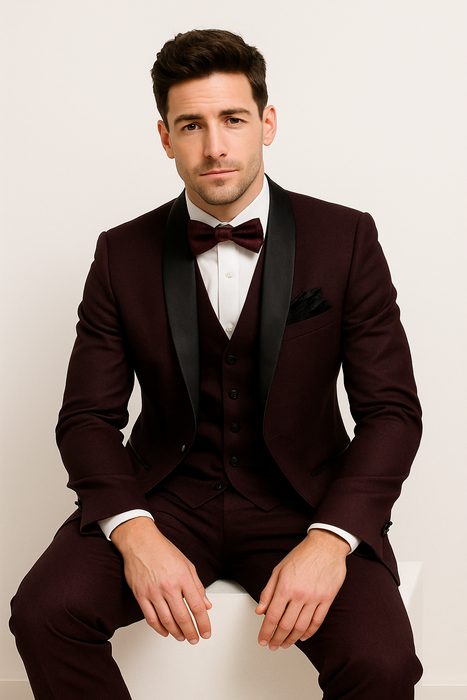 Mens One Button Shawl Lapel Suit Burgundy
