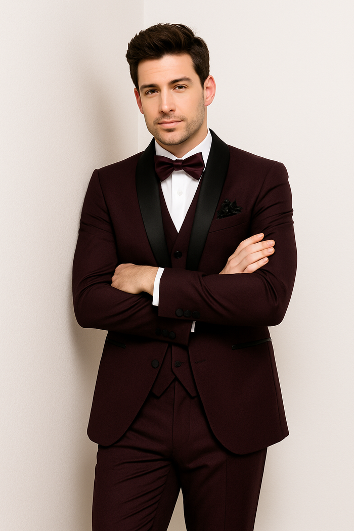 Mens One Button Shawl Lapel Suit Burgundy