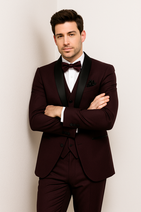 Mens One Button Shawl Lapel Suit Burgundy