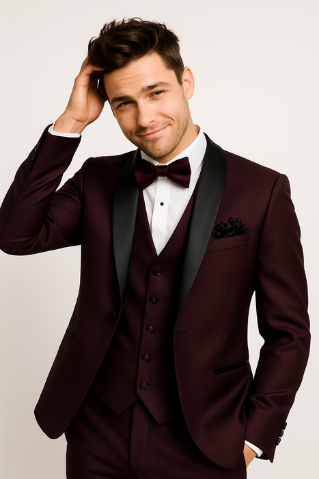 Mens One Button Shawl Lapel Suit Burgundy