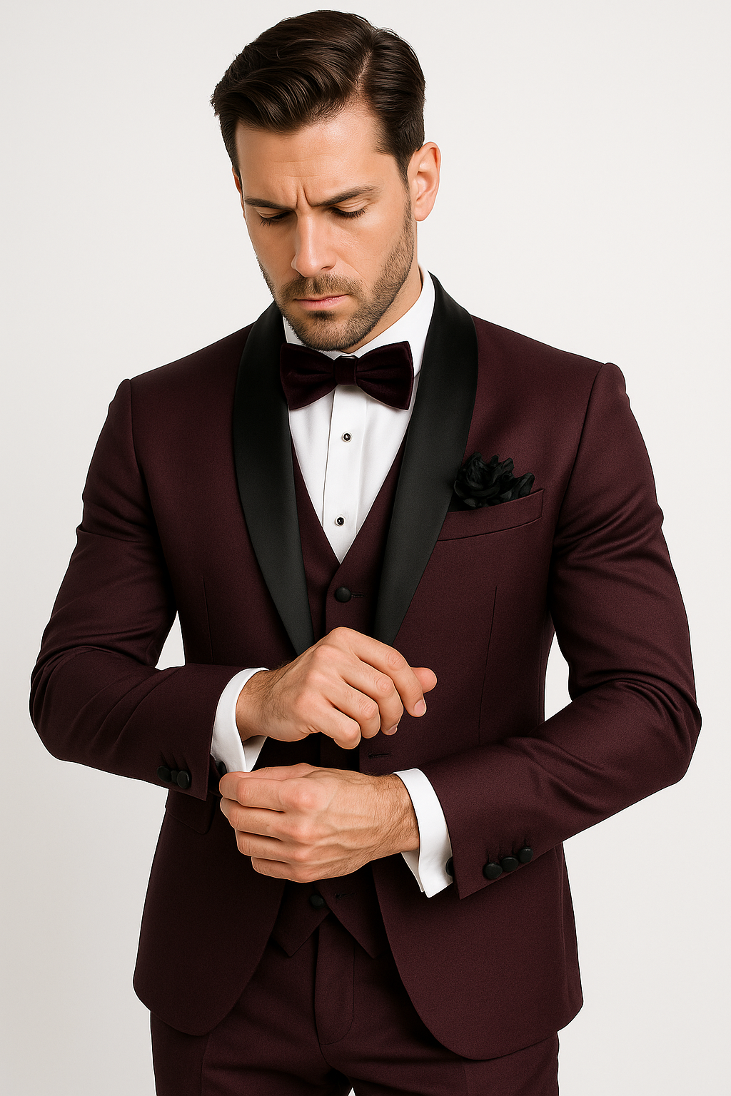 Mens One Button Shawl Lapel Suit Burgundy
