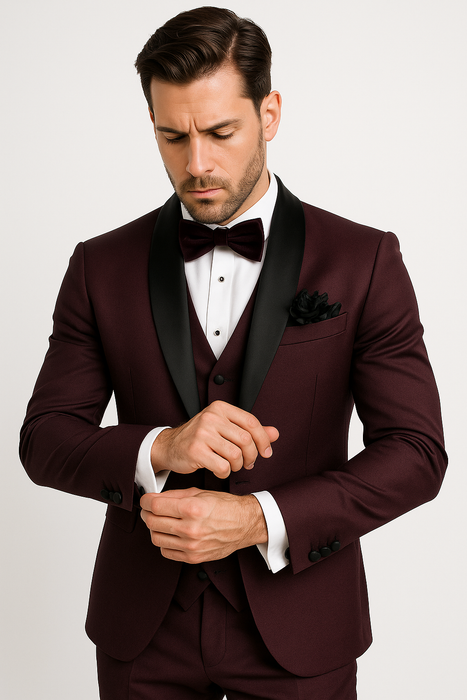 Mens One Button Shawl Lapel Suit Burgundy