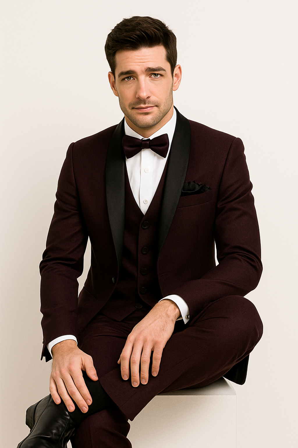 Mens One Button Shawl Lapel Suit Burgundy