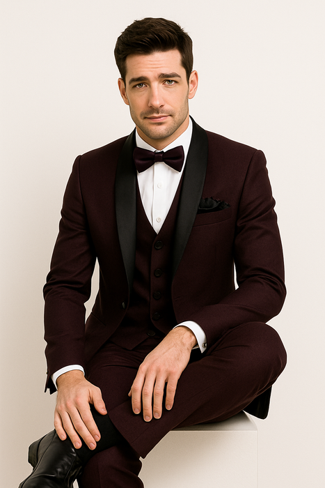 Mens One Button Shawl Lapel Suit Burgundy