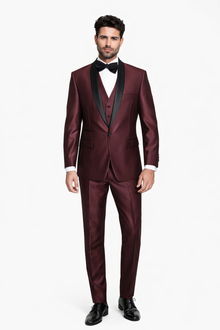 Burgundy Shiny Tuxedo Vested Suit - Sateen Sharkskin Fabric Groom Suit