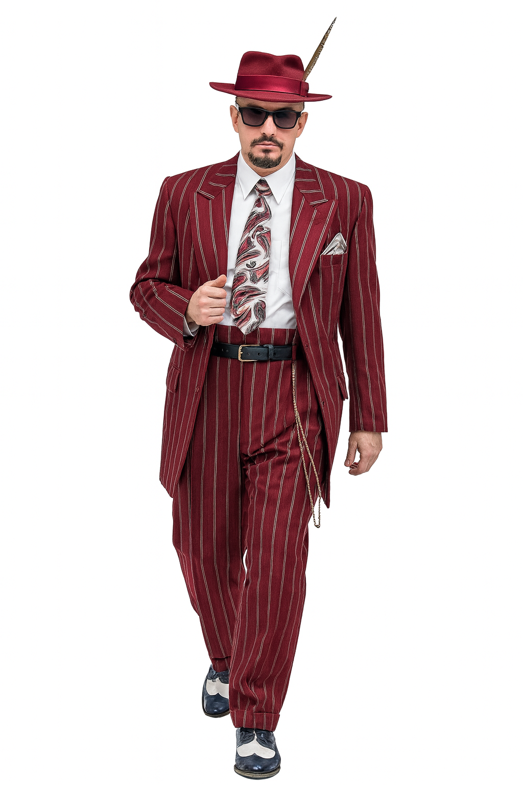 Burgundy Pinstripe Zoot Suit – 3 Piece 1920s/1930s Gangster Outfit (Jacket and Pants and Vest)  Vintage Fashion - Image 7