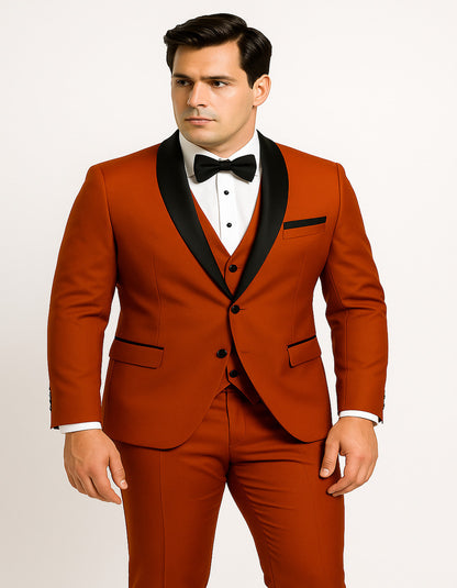 Men's Burnt Orange Tuxedo Suit – 3-Piece Slim Fit with Black Satin Shawl Lapel - Image 3