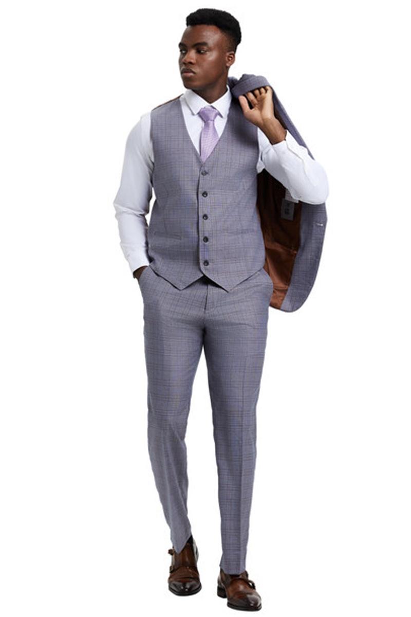 Men's Stacy Adams Vested One Button Wide Peak Lapel Windowpane Plaid Suit in Light Grey - Image 4